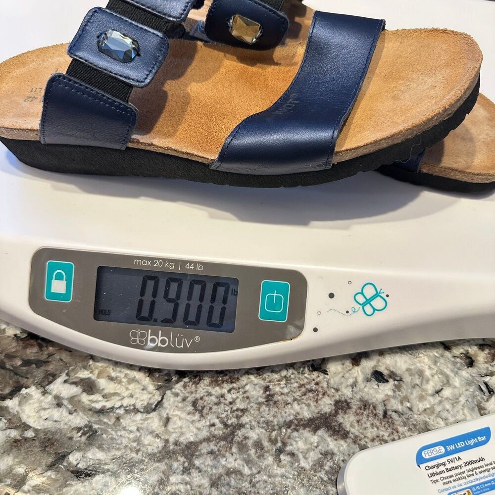 Naot EUC Blue Leather 2 Strap Jewel Accent Slip On Sandal Shoe 40 EU -11 US - Picture 11 of 11